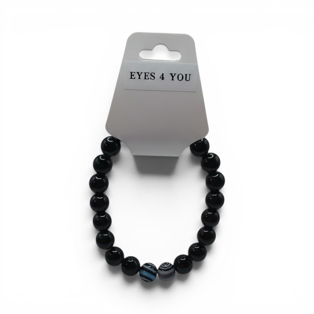 CCBeadsandBeyondLLC black beaded bracelet with two unique agate swirl beads, elastic band