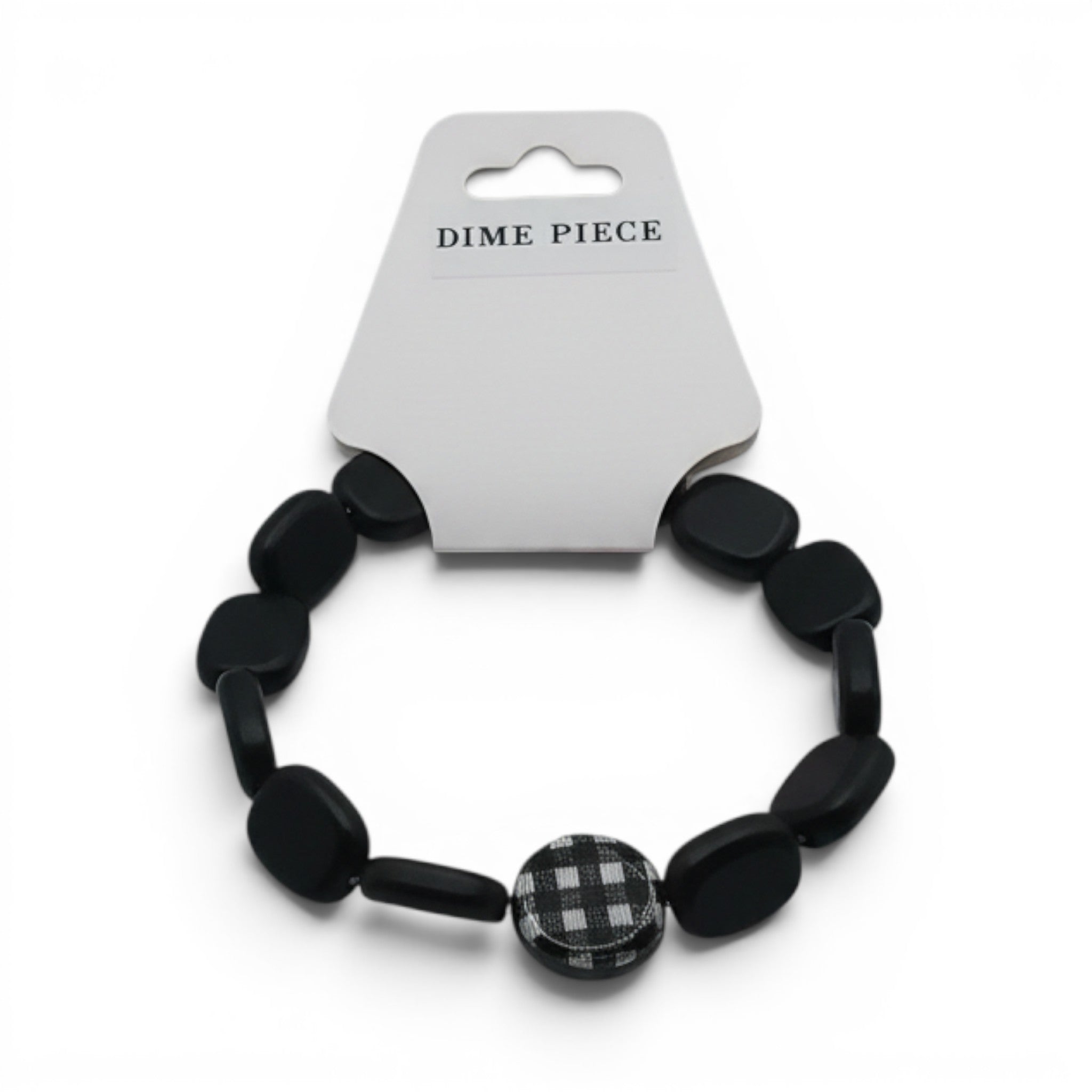 CCBeadsandBeyondLLC black beaded bracelet with a checkered charm. Features oval and round beads.