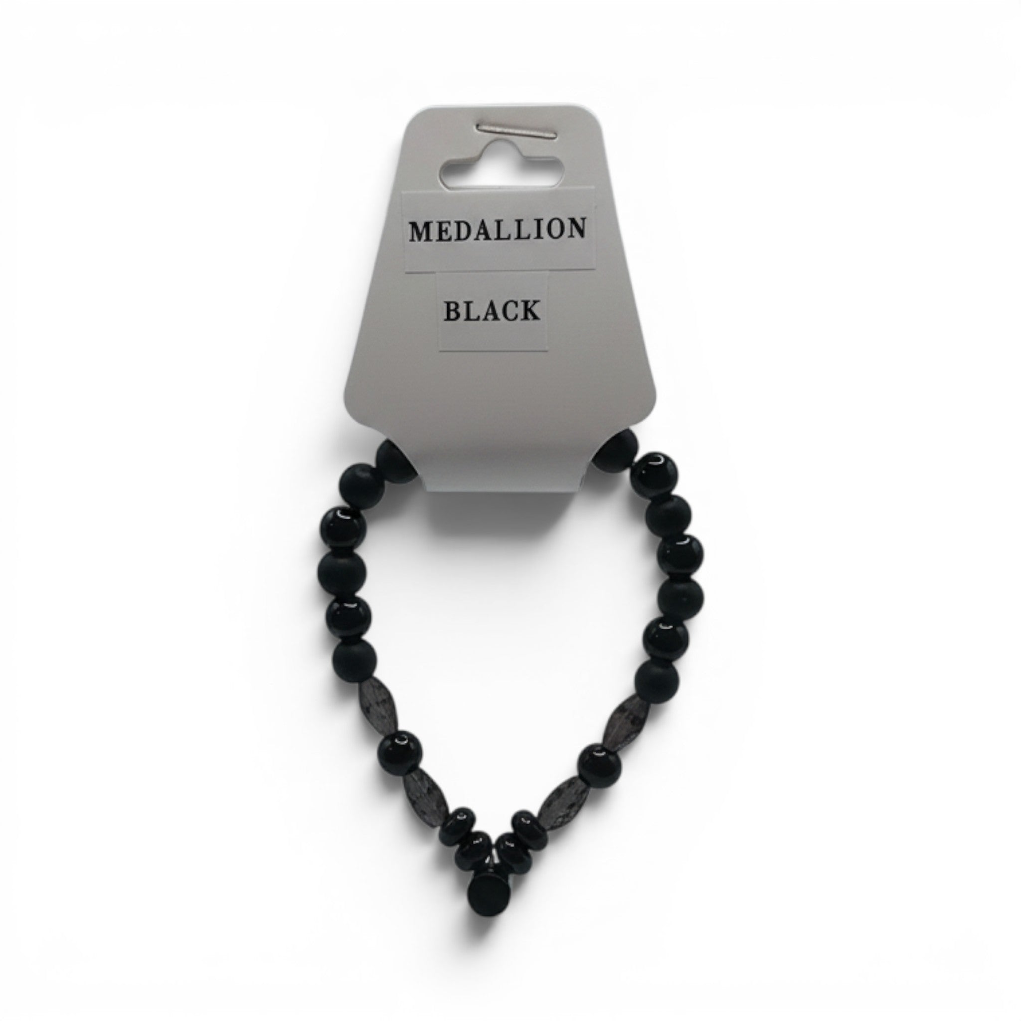 CCBeadsandBeyondLLC black beaded bracelet with a medallion charm and clear accent beads.