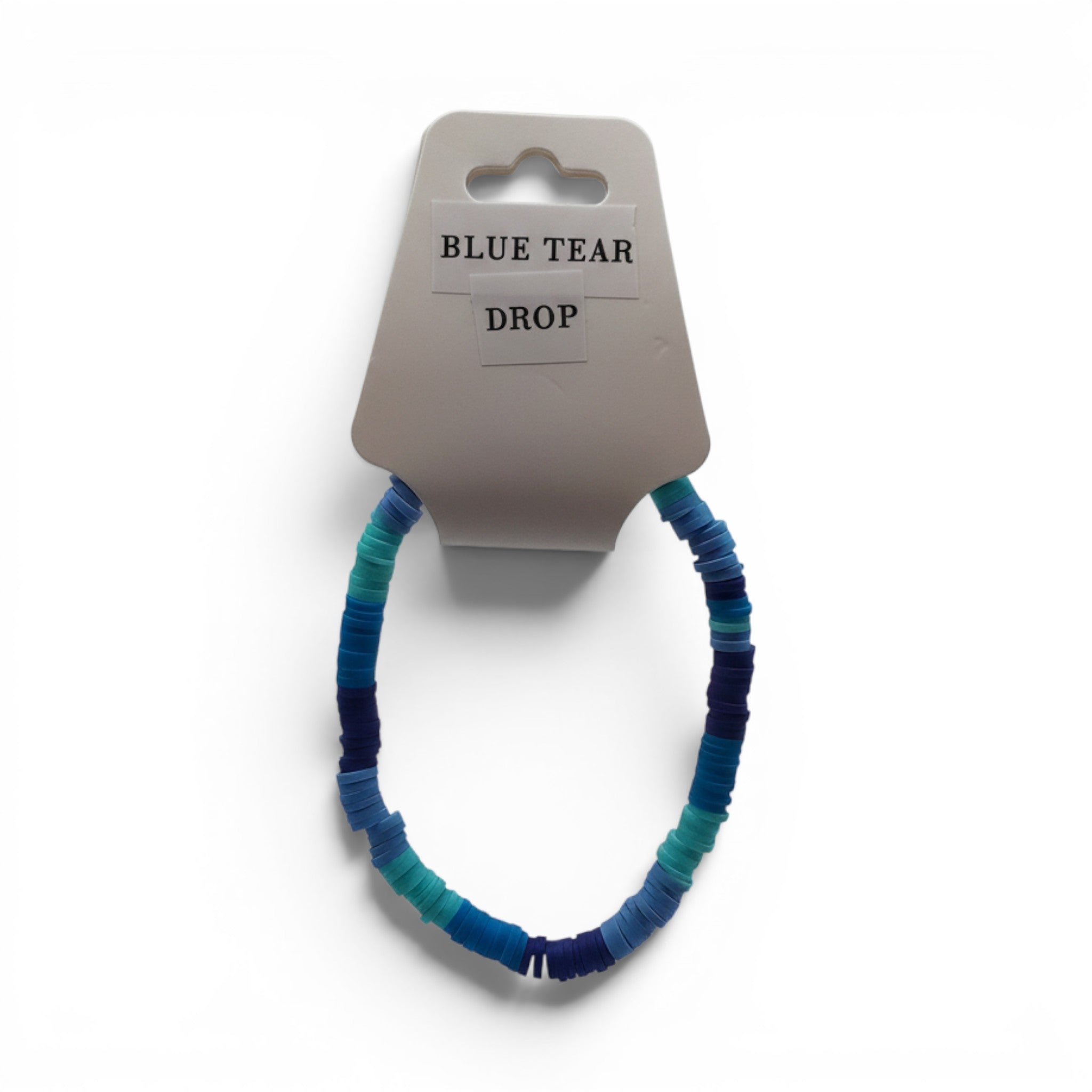 CCBeadsandBeyondLLC blue tear drop bracelet made of polymer clay heishi beads in various shades of blue.