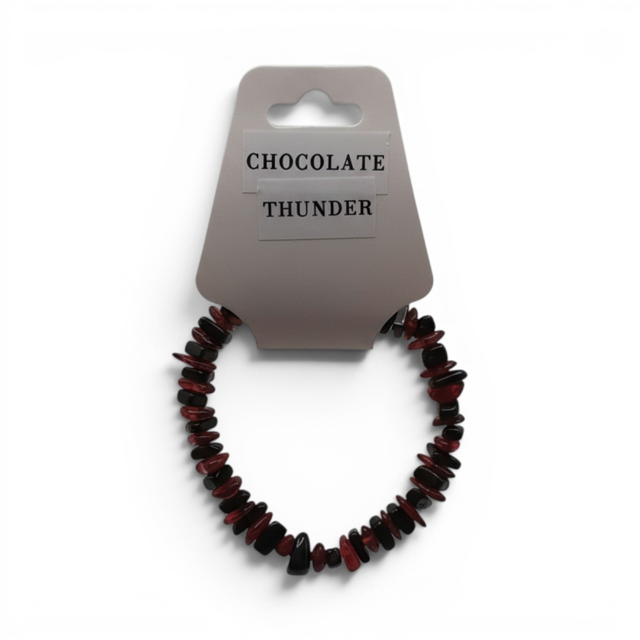 CCBeadsandBeyondLLC Chocolate Thunder bracelet with dark red and black chip beads and a single black focal bead.