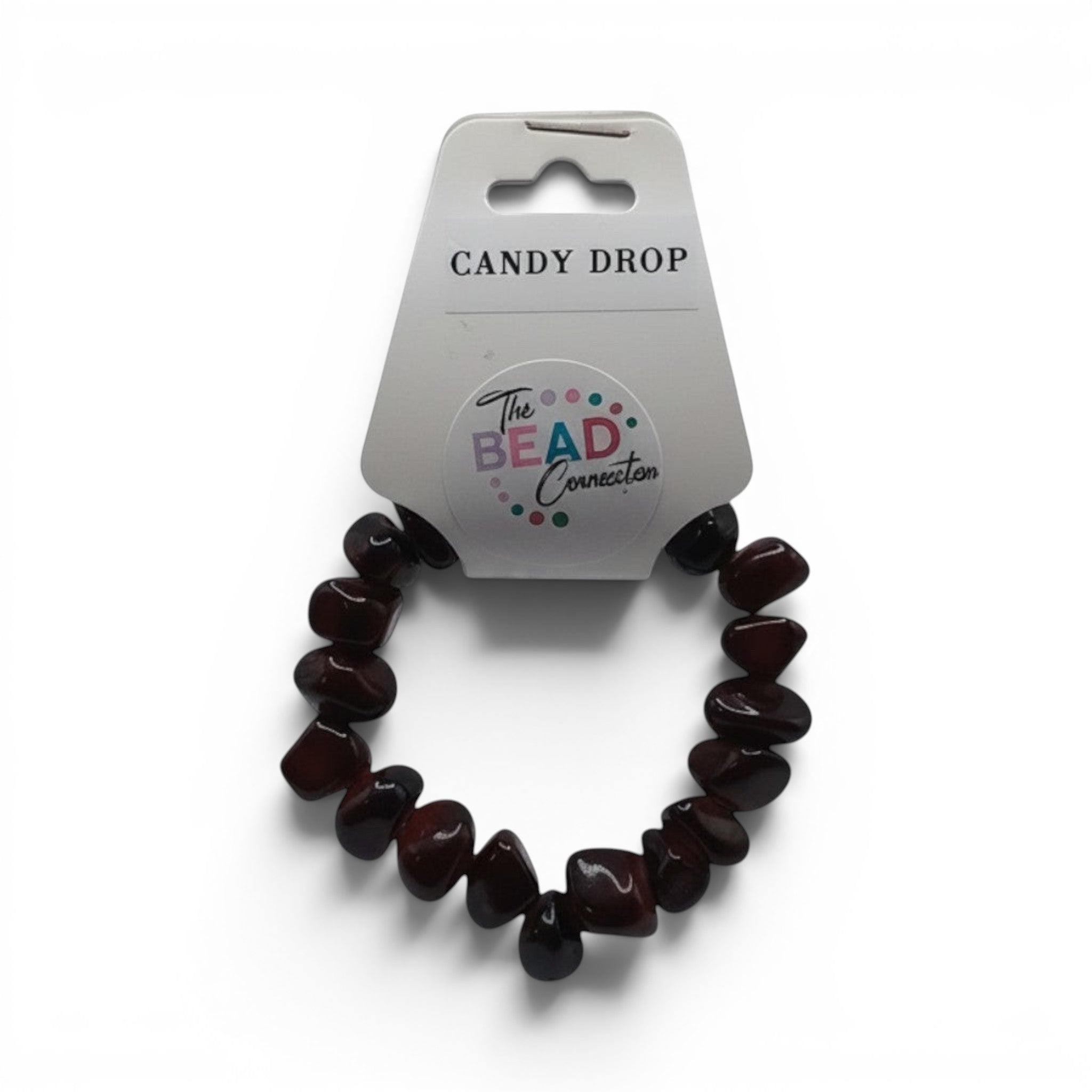 CCBeadsandBeyondLLC dark red chunky bead bracelet with a candy drop tag.