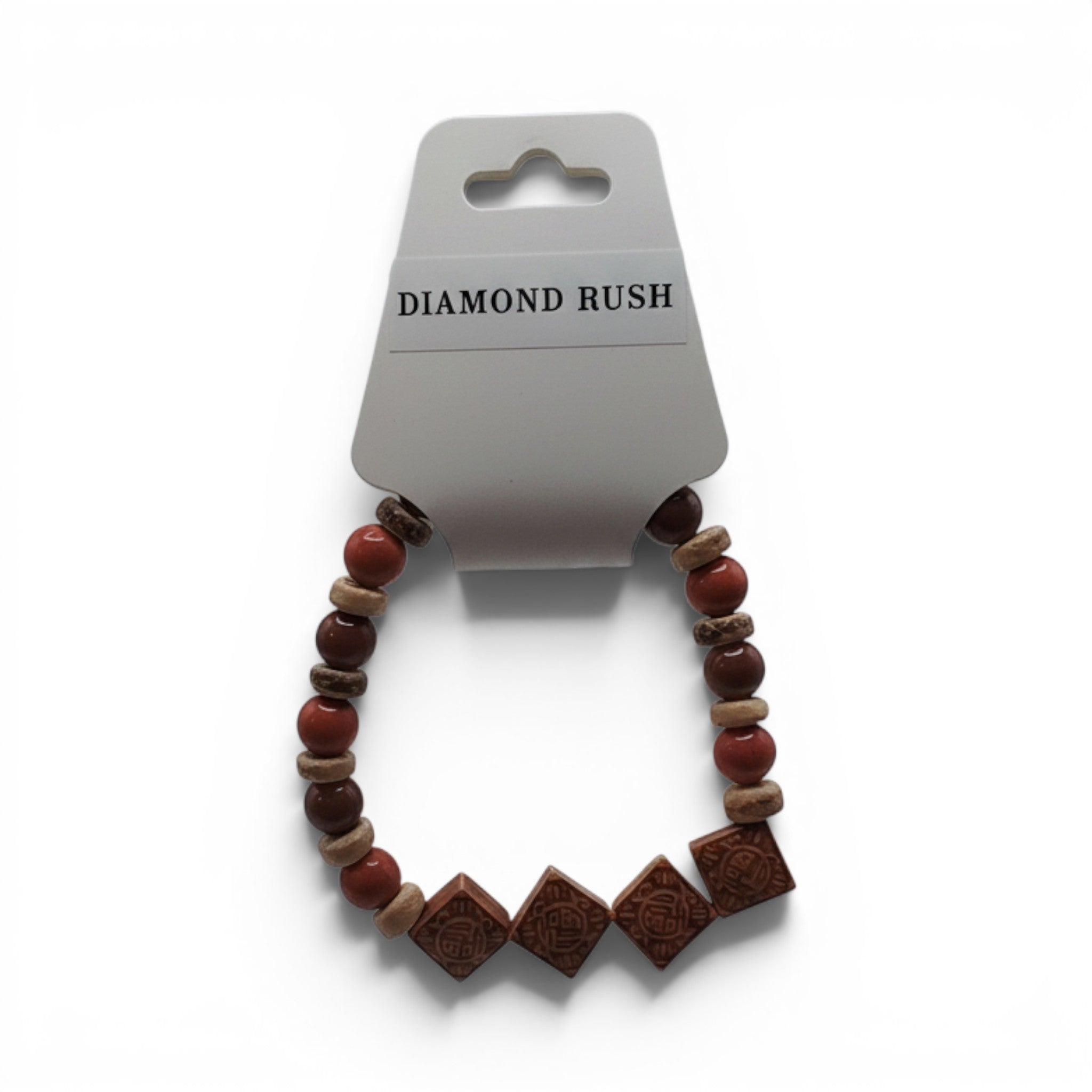 CCBeadsandBeyondLLC Diamond Rush bracelet with red, brown, and tan beads and square carved charms.