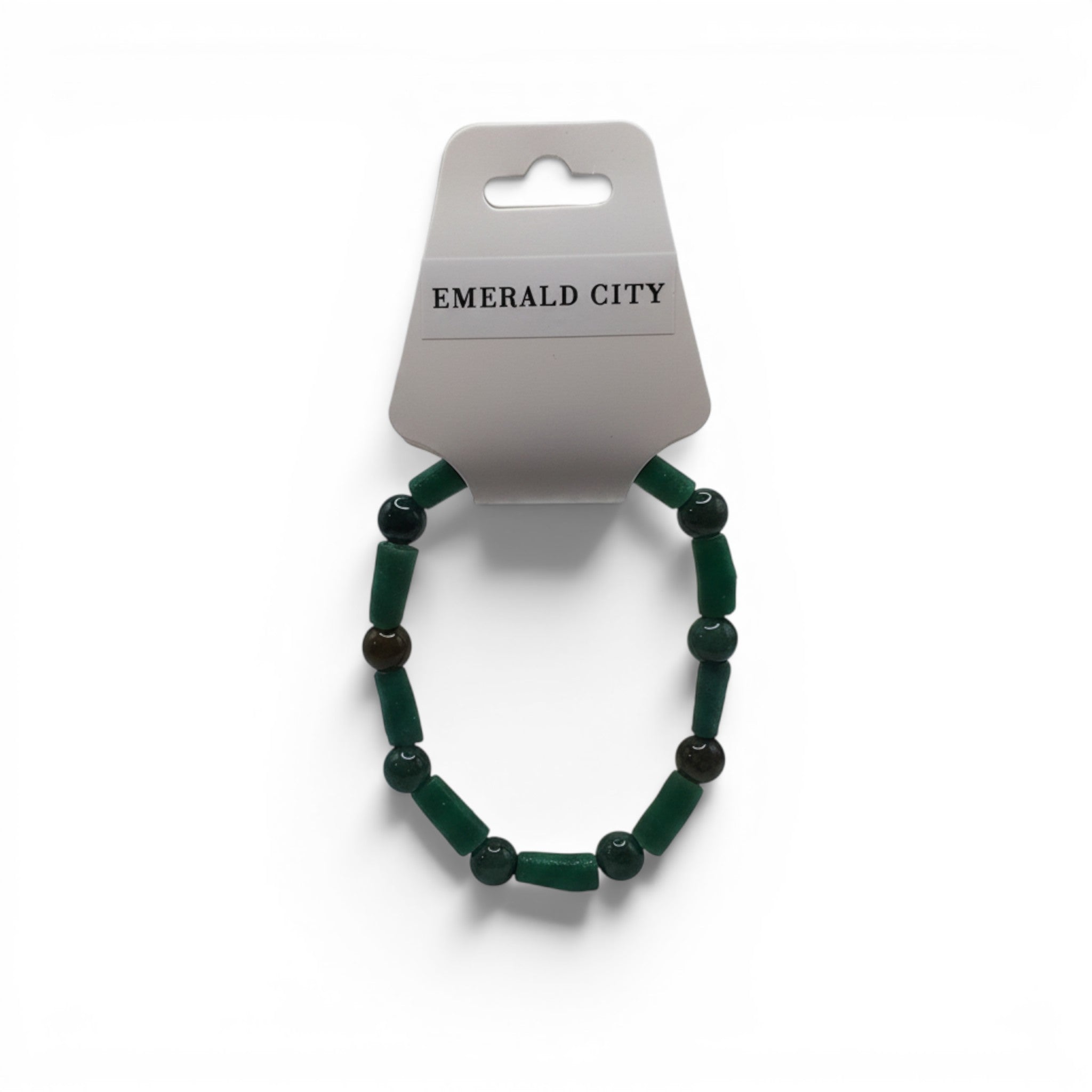 CCBeadsandBeyondLLC Emerald City bracelet with green barrel and round beads.
