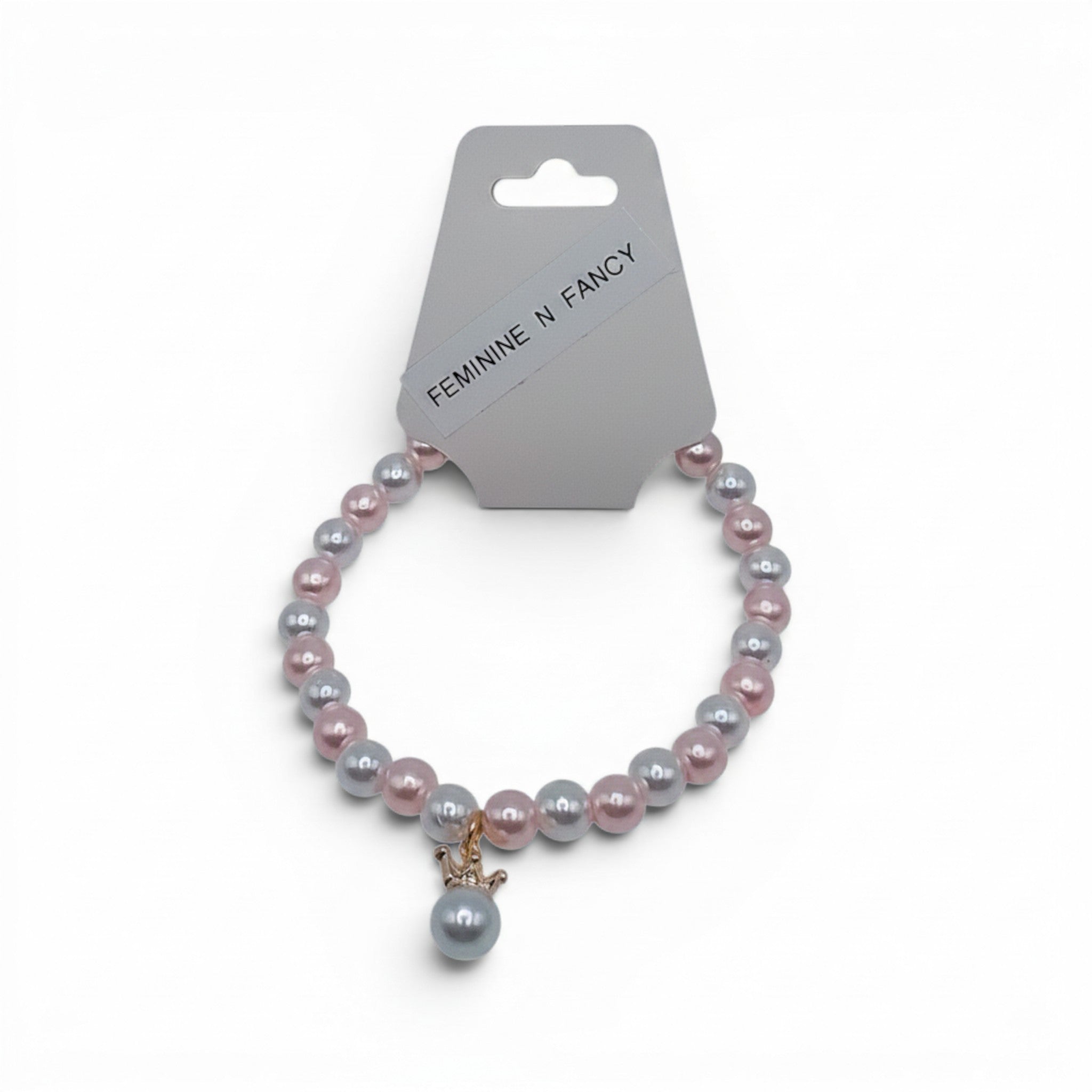 CCBeadsandBeyondLLC Feminine N Fancy pink and grey beaded bracelet with crown charm.
