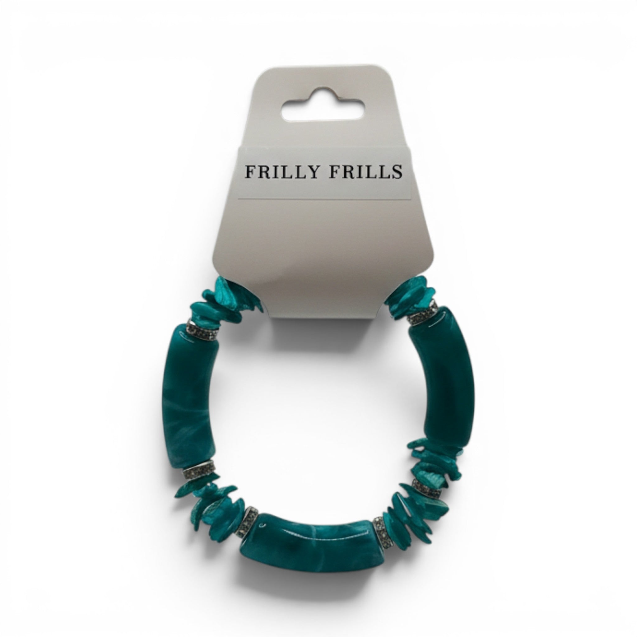 CCBeadsandBeyondLLC Frilly Frills teal acrylic segmented bracelet with silver spacers