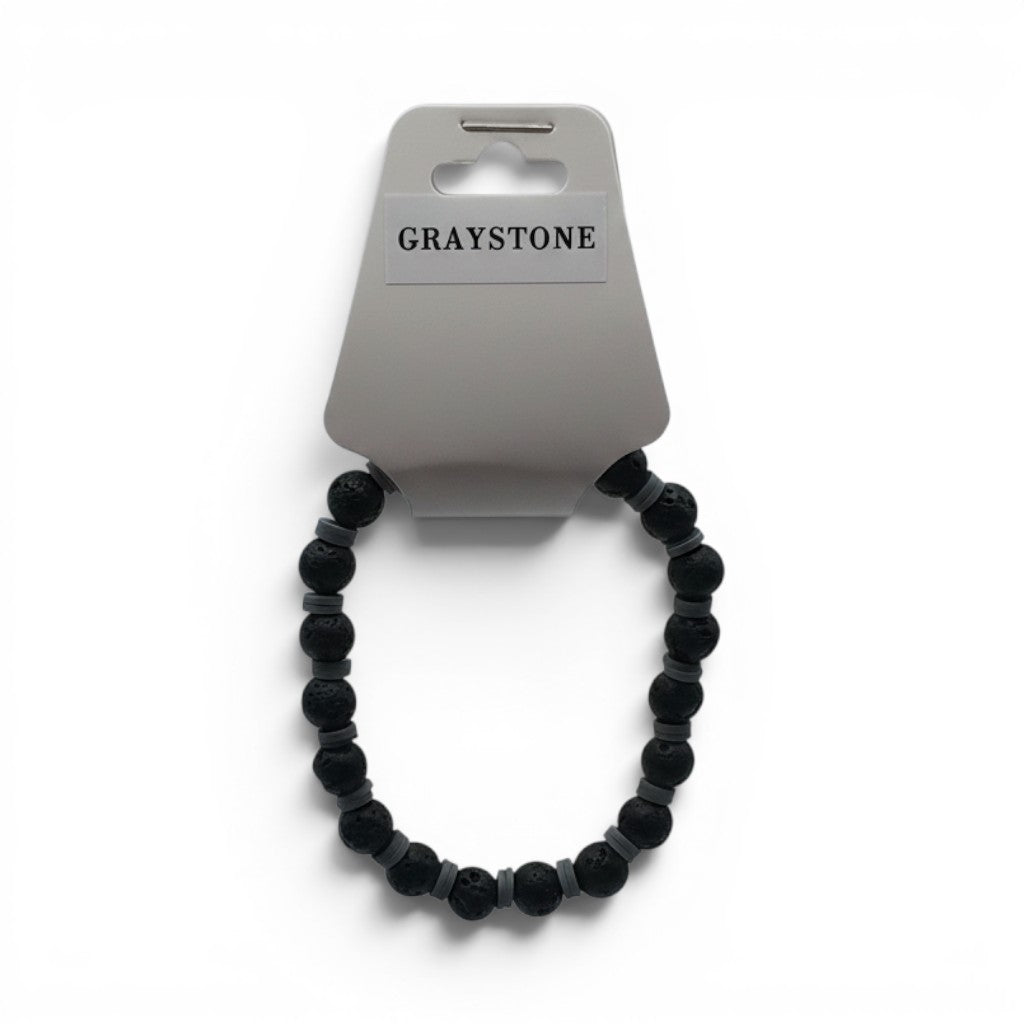 CCBeadsandBeyondLLC Graystone bracelet with black lava beads and gray spacers.