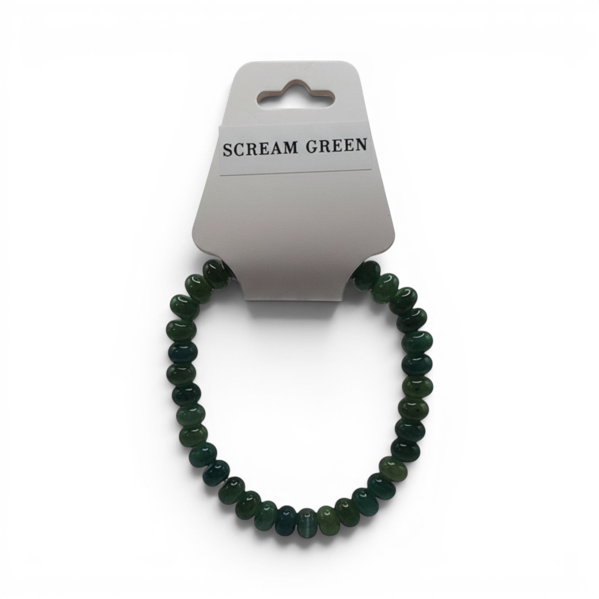 CCBeadsandBeyondLLC green beaded stretch bracelet with varying shades of green beads.