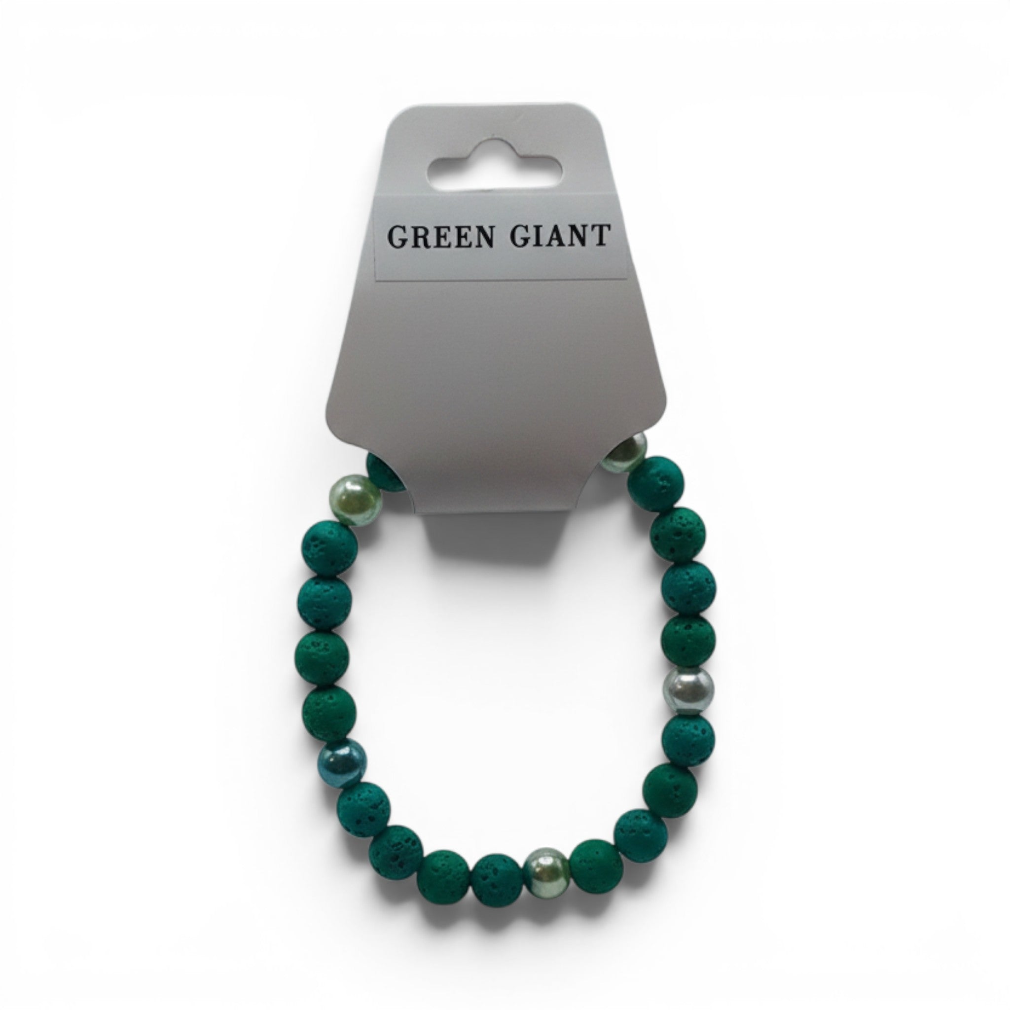 CCBeadsandBeyondLLC Green Giant beaded bracelet with teal and pearl beads.