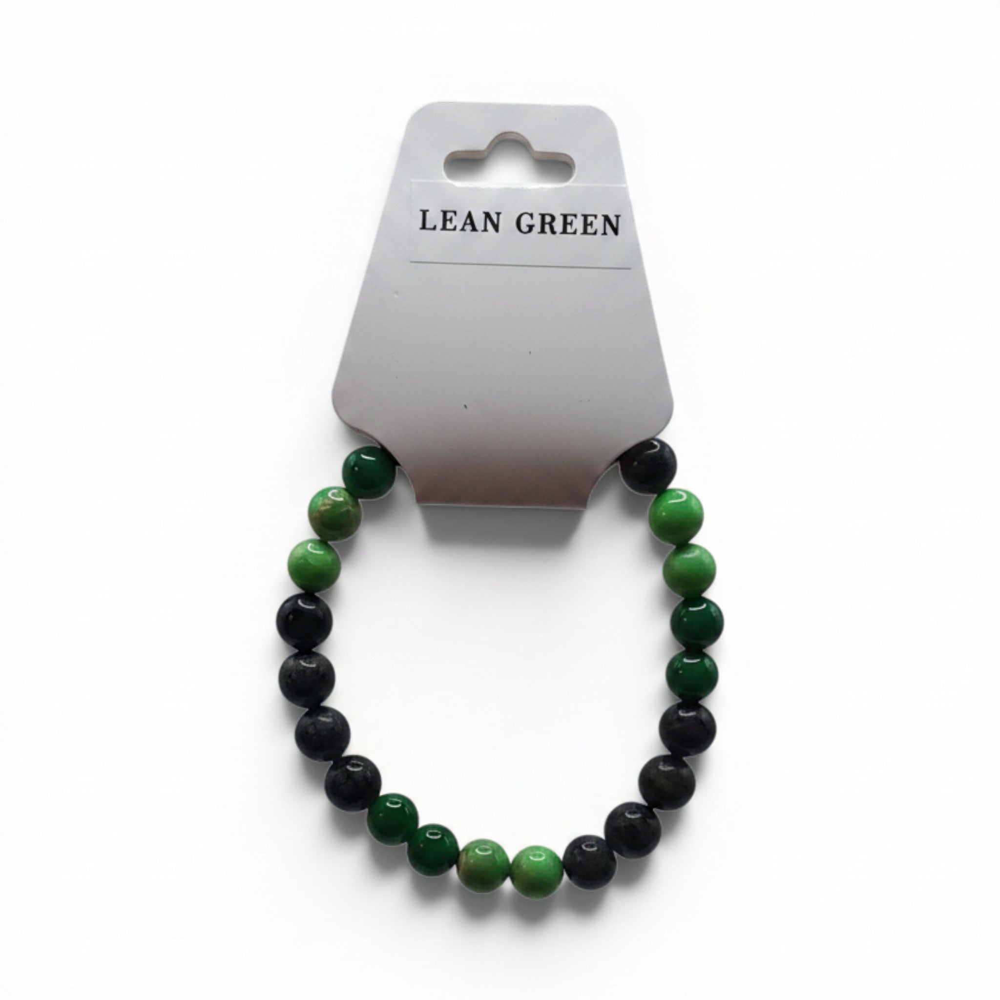 CCBeadsandBeyondLLC Lean Green beaded bracelet with green and black beads.