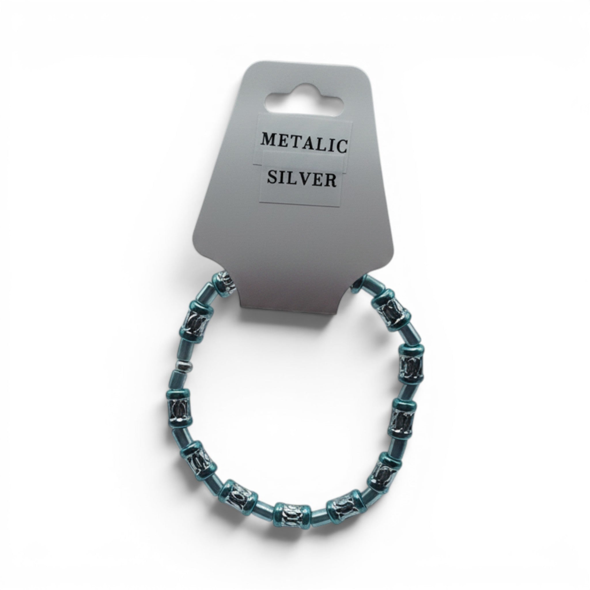 CCBeadsandBeyondLLC metallic silver beaded bracelet with teal and silver barrel beads.