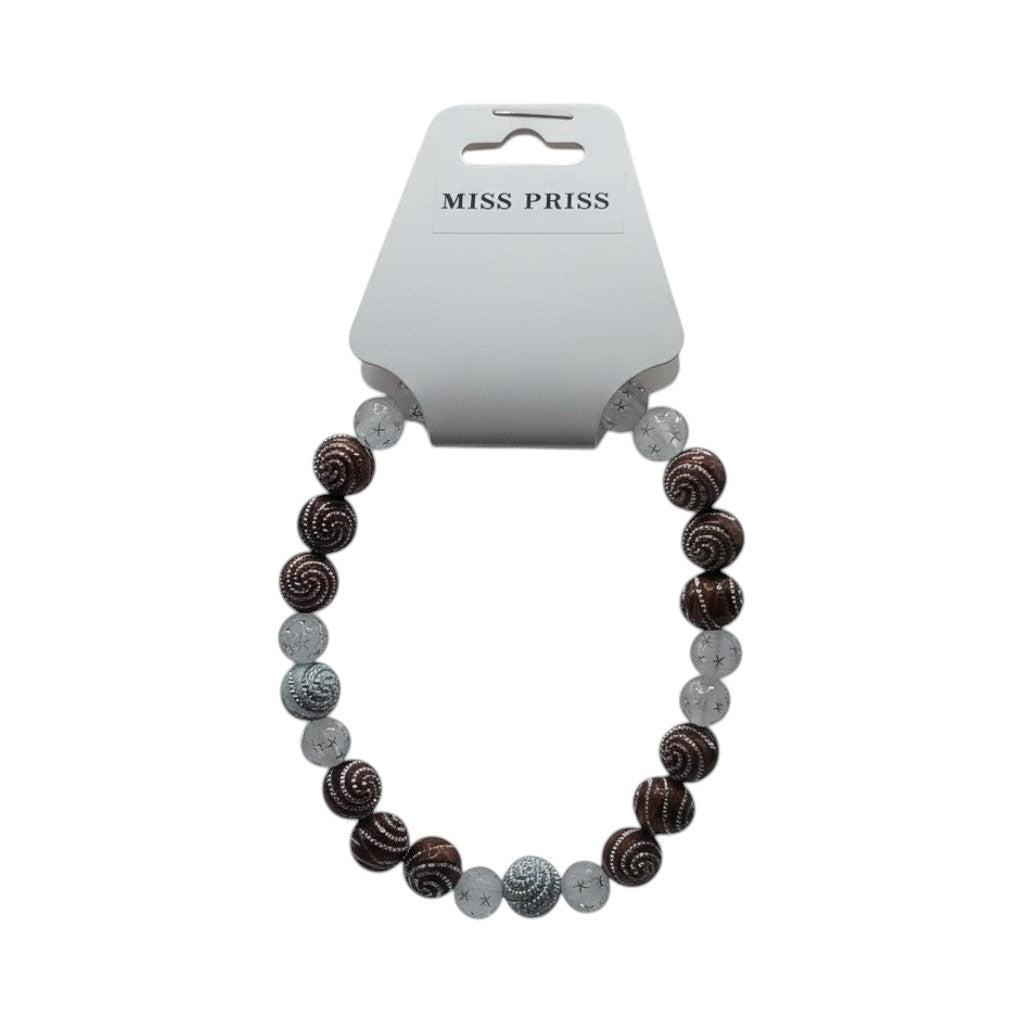 CCBeadsandBeyondLLC Miss Priss beaded bracelet with brown, silver, and clear beads. Features spiral and star designs.