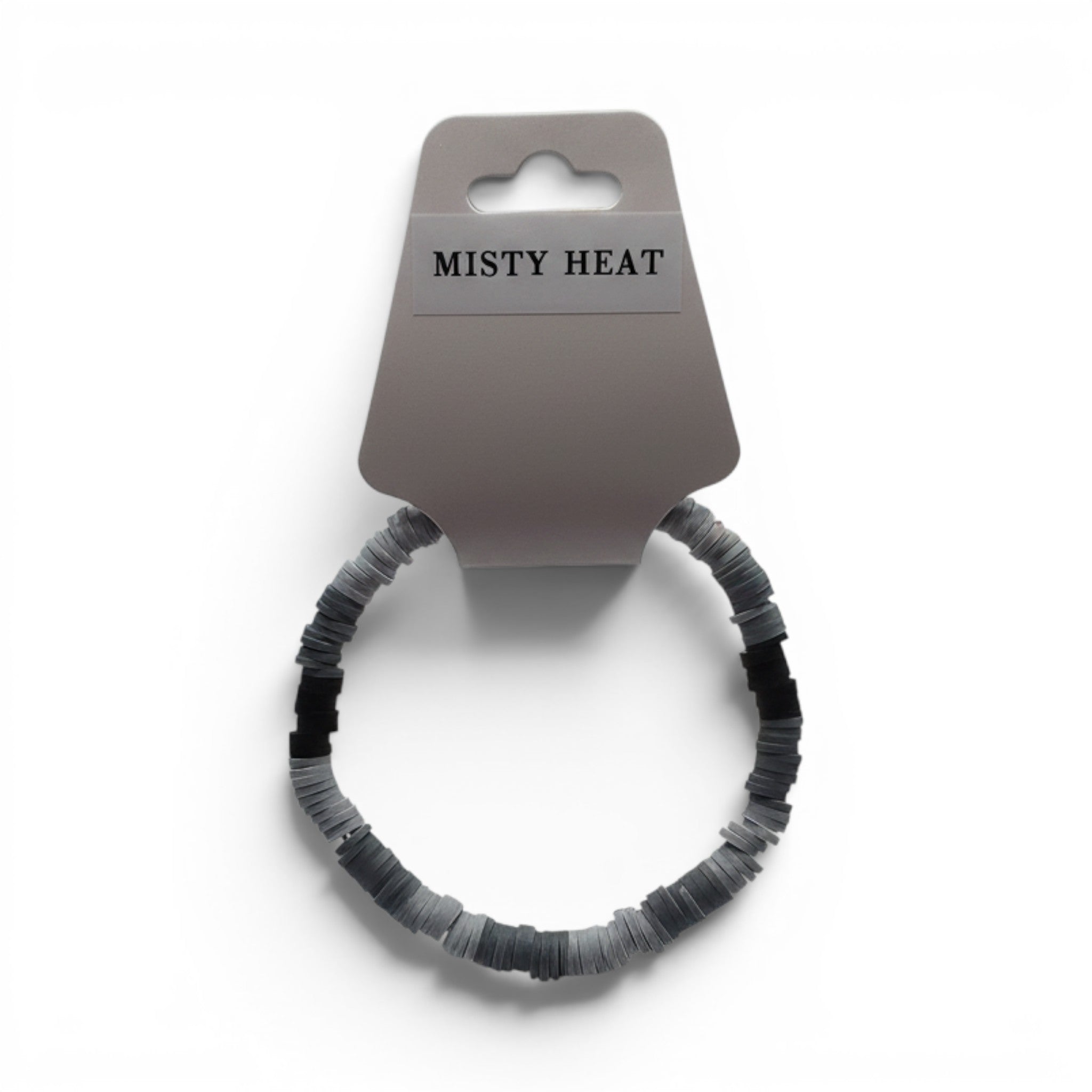 CCBeadsandBeyondLLC bracelet with grey and black vinyl disc beads, elastic band, "Misty Heat" tag.