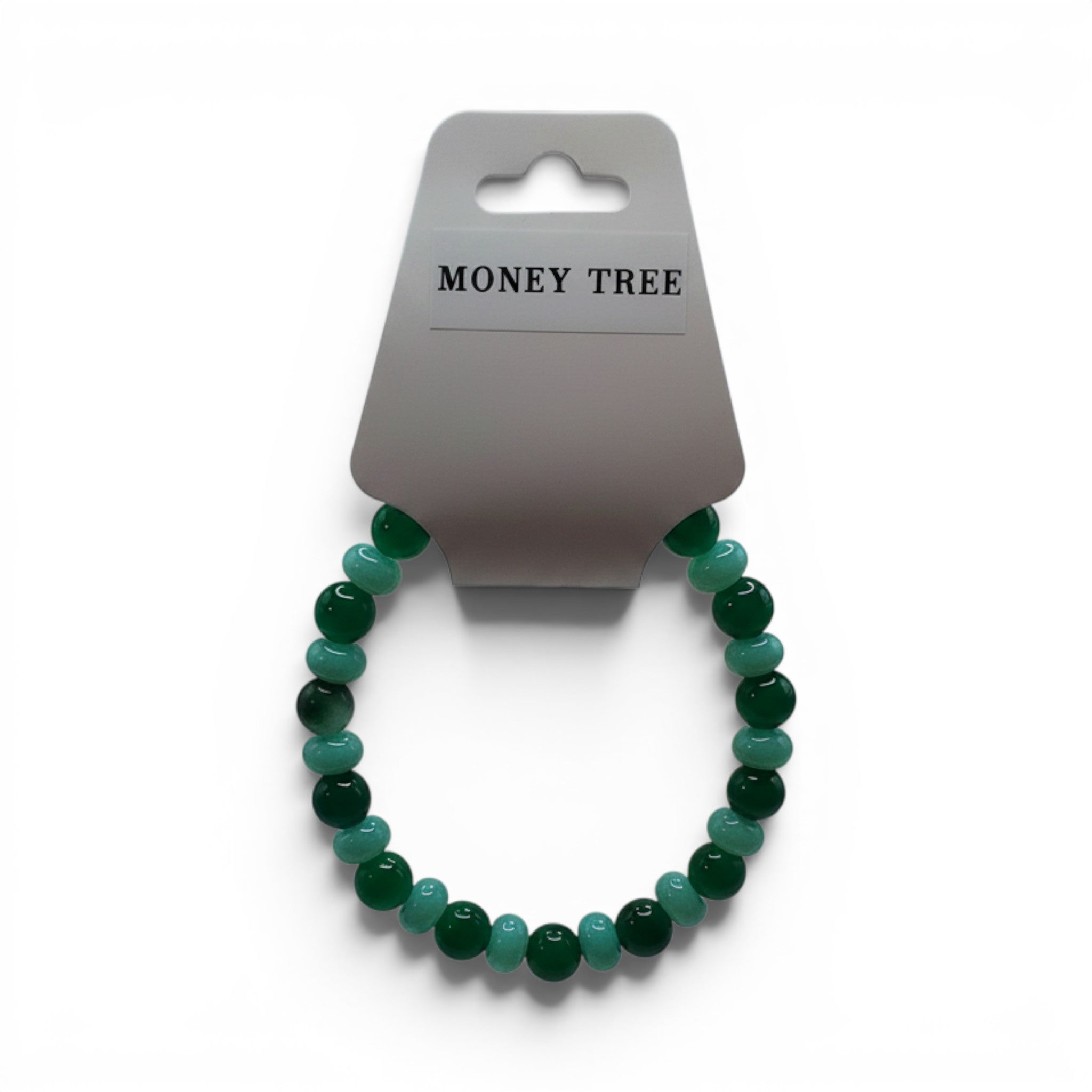 CCBeadsandBeyondLLC Money Tree bracelet with green and teal jade beads on a display stand.
