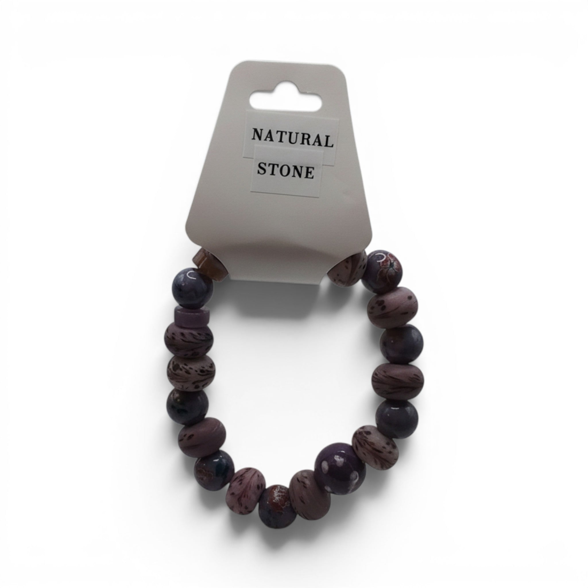 CCBeadsandBeyondLLC natural stone beaded bracelet in shades of purple and grey with unique patterns.