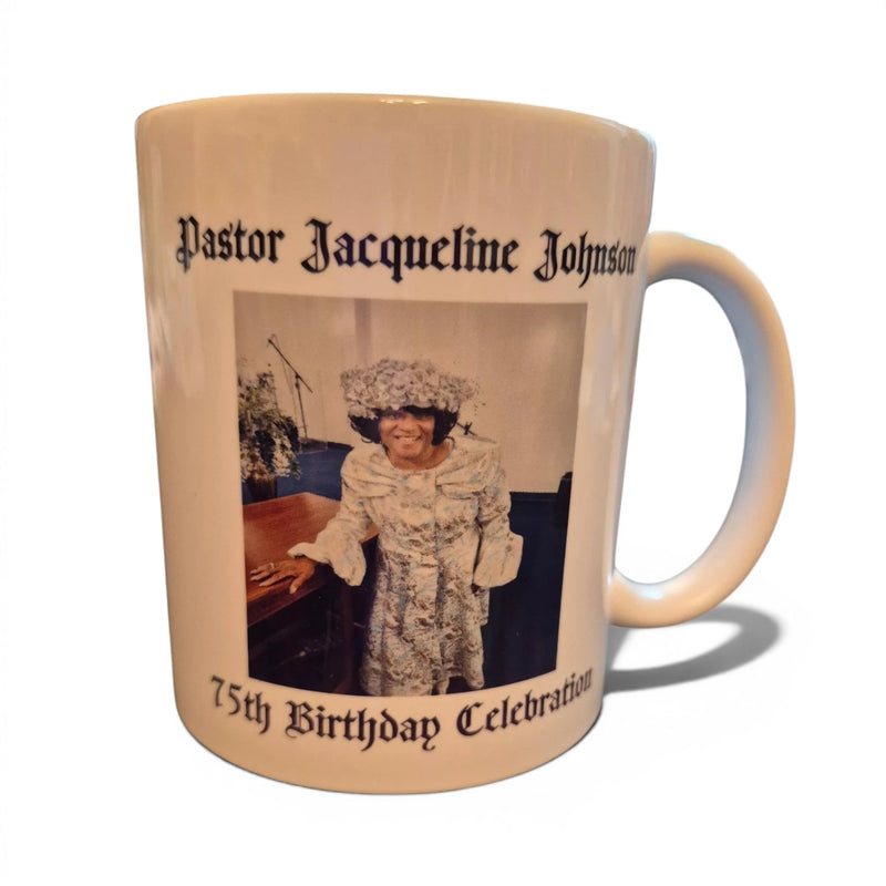 CCBeadsandBeyondLLC white ceramic mug featuring a personalized photo of a woman for a 75th birthday celebration.