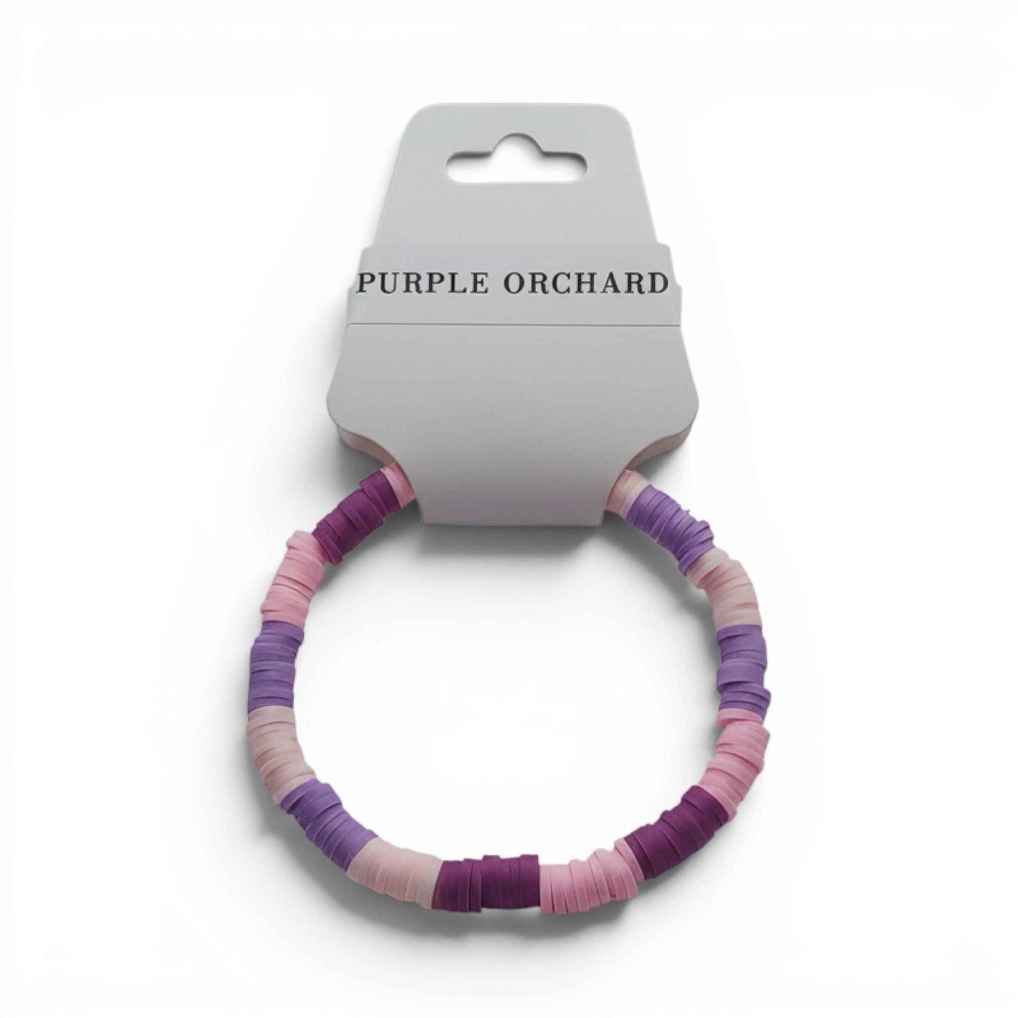 CCBeadsandBeyondLLC Purple Orchard bracelet with pink, light purple, and dark purple flat beads.