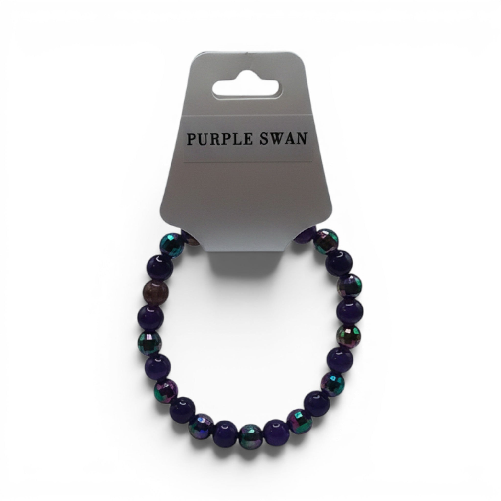 CCBeadsandBeyondLLC purple beaded bracelet with iridescent accents, elastic closure.