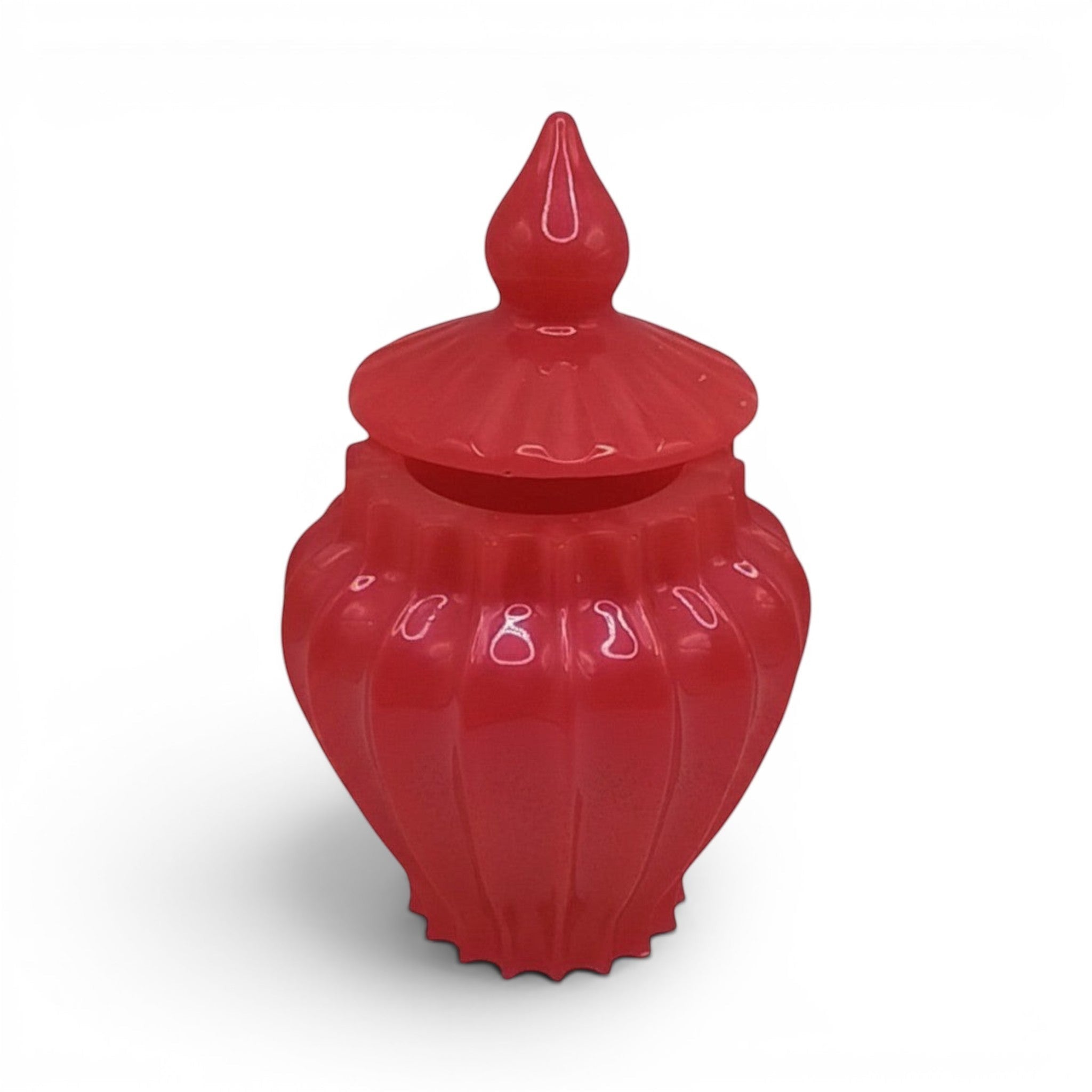CCBeadsandBeyondLLC Queen Luxury red glass jar with lid, ornate fluted design, decorative accent piece.