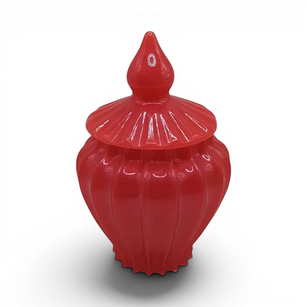 CCBeadsandBeyondLLC Queen Luxury red glass decorative jar with lid and fluted design.