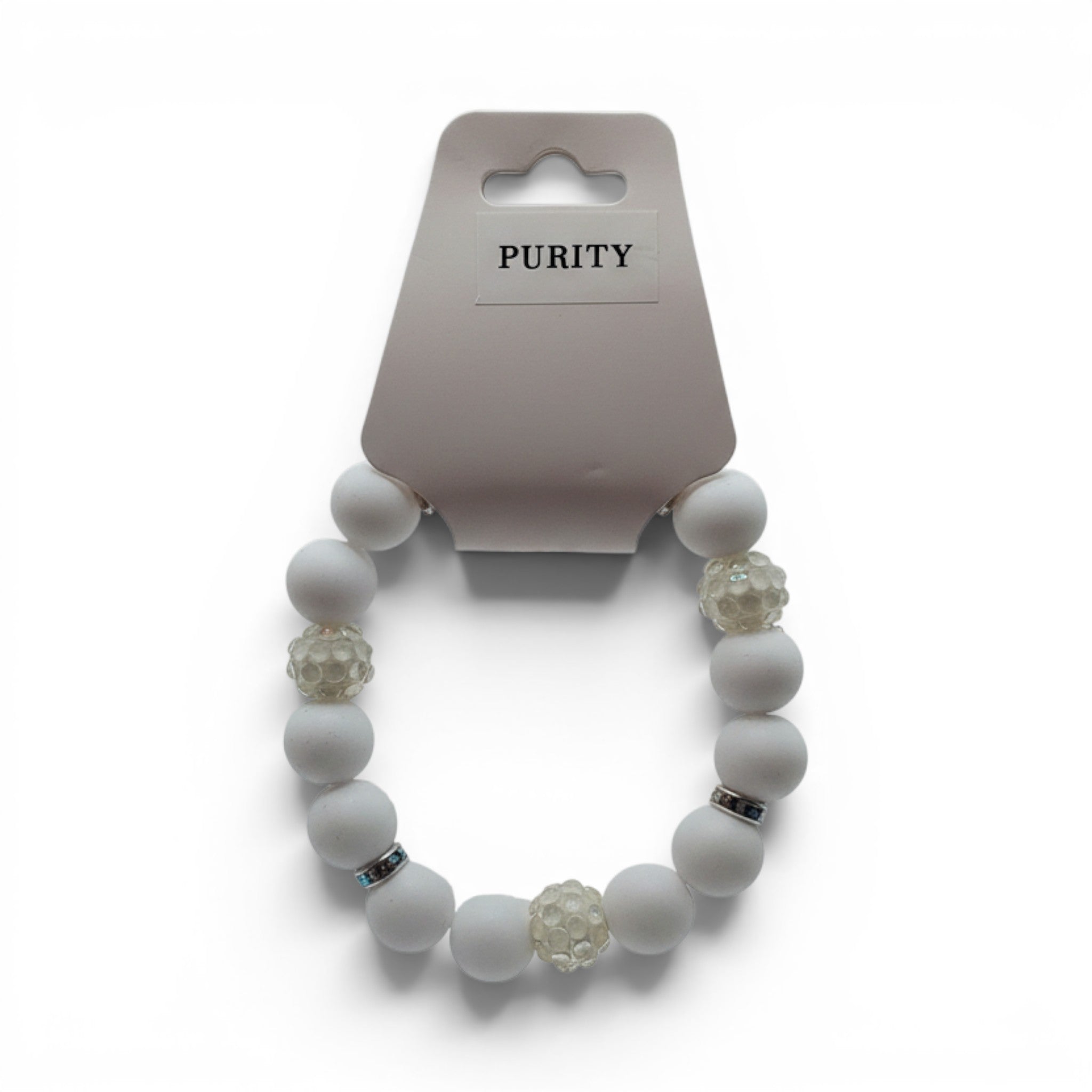 CCBeadsandBeyondLLC white beaded bracelet with clear textured beads and rhinestone accents. "Purity" tag.