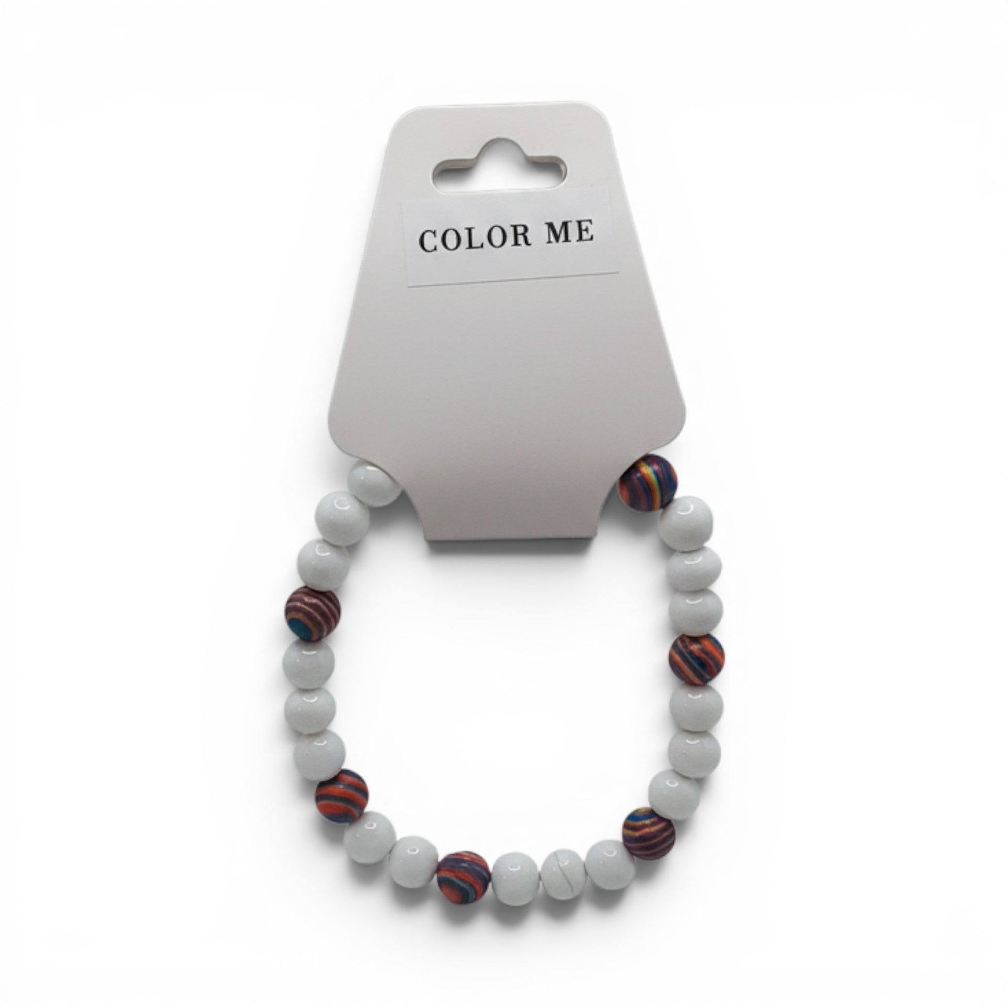 CCBeadsandBeyondLLC white beaded bracelet with colorful striped accent beads.