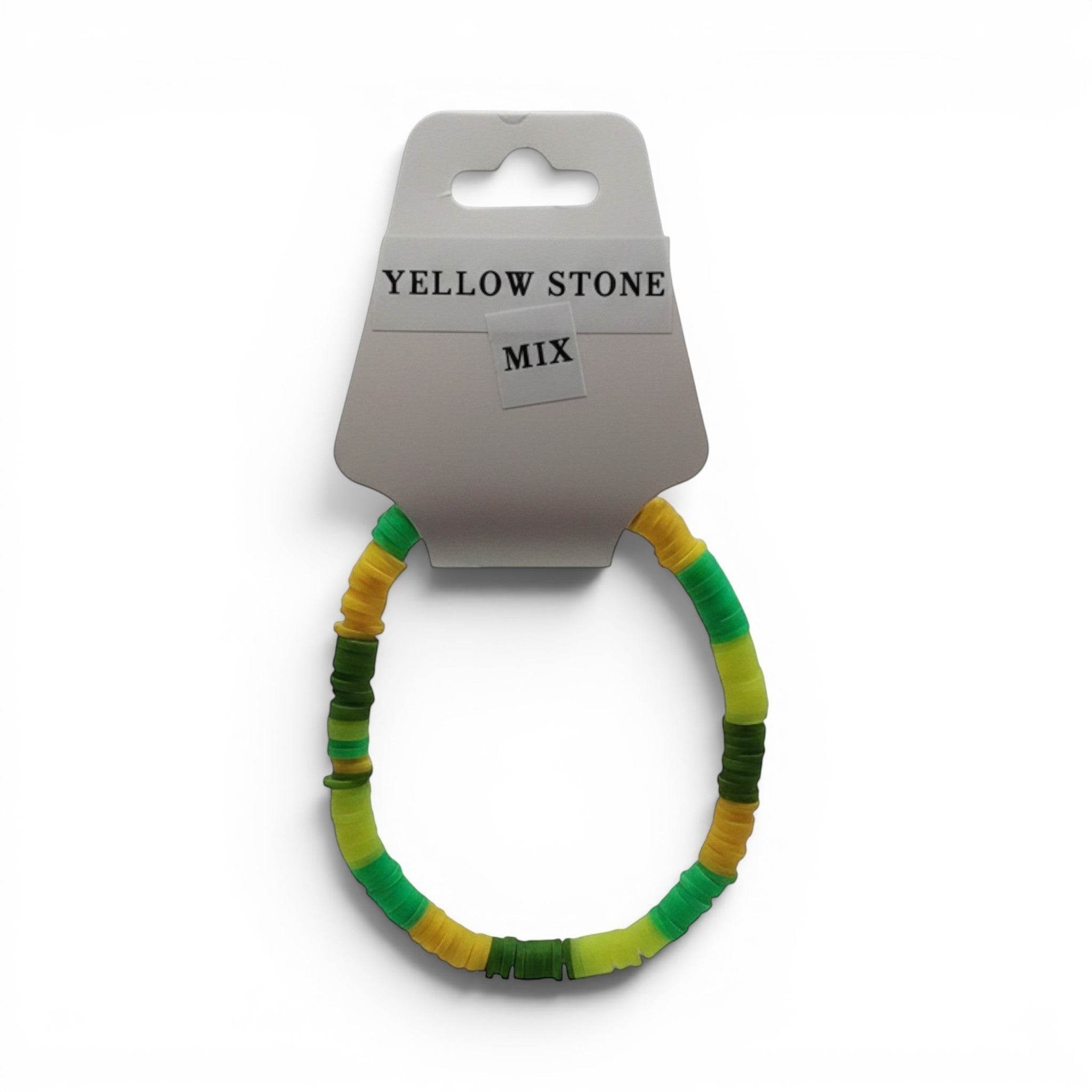 CCBeadsandBeyondLLC yellow, green, and orange heishi bead bracelet. Mix of bright colors.