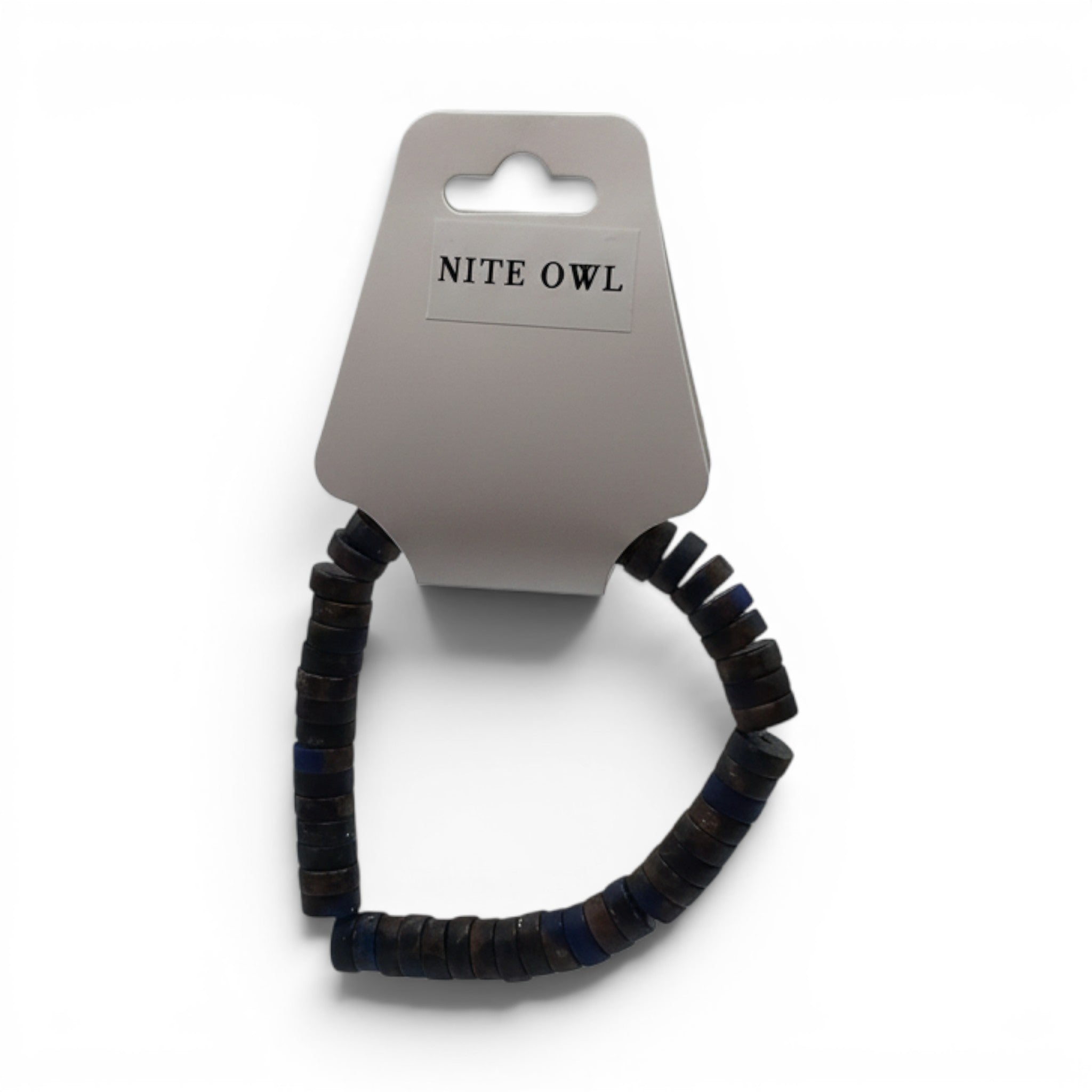 CCBeadsandBeyondLLCHere Nite Owl bracelet with dark blue and brown disc beads.